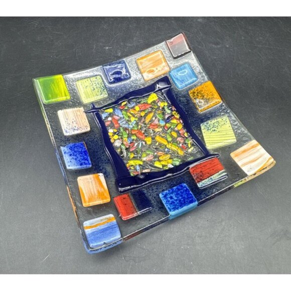 Colorful Fused Textured Art Glass Square Trinket Dish Ashtray 5.5” X 5.5” - Picture 3 of 6
